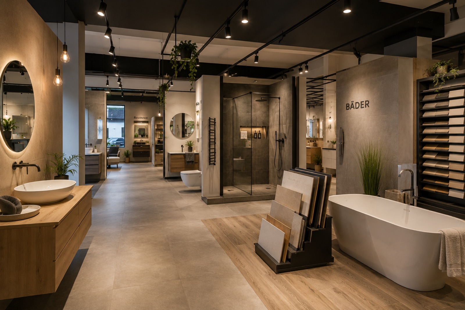 Bad-Ausstellung von Spezi mit Fliesenmustern, Dusche und freistehender Wanne
